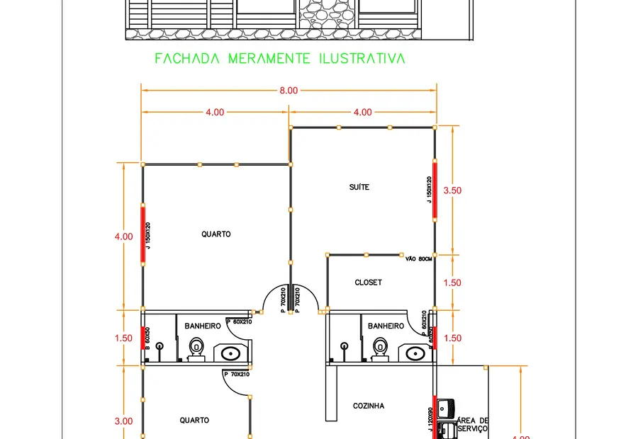 Planta: Casa 85,60m² com 1 Suíte e 2 Quartos