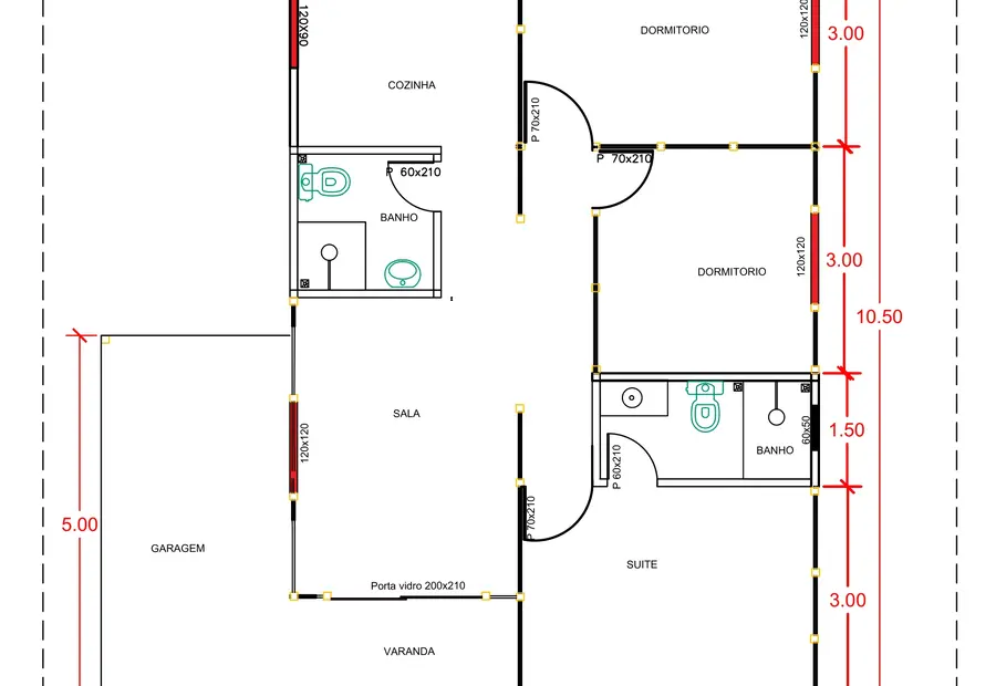 Planta: Casa 86,00m² com 1 Suíte e 2 Quartos