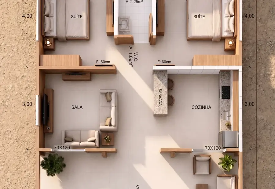 Planta: Casa 86,25m² com 2 Suítes e Lavabo