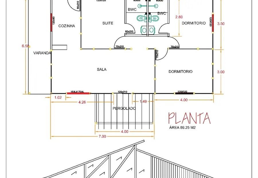 Planta: Casa 89,25m² com 1 Suíte e 2 Quartos