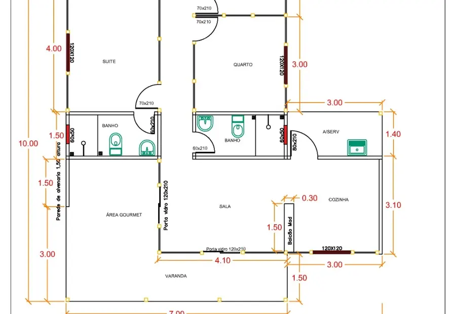 Planta: Casa 89,50m² com 1 Suíte e 2 Quartos