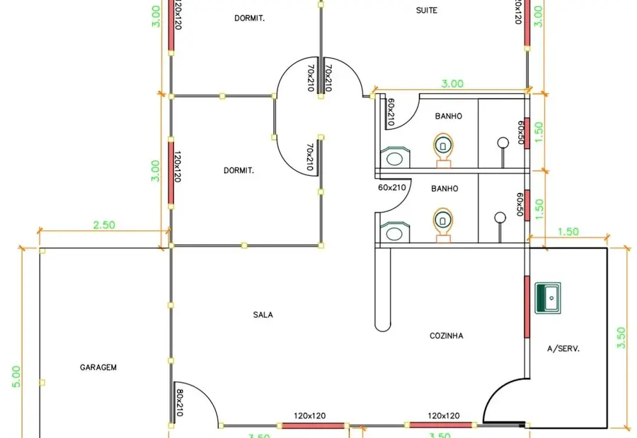 Planta: Casa 89,50m² com 1 Suíte e 2 Quartos