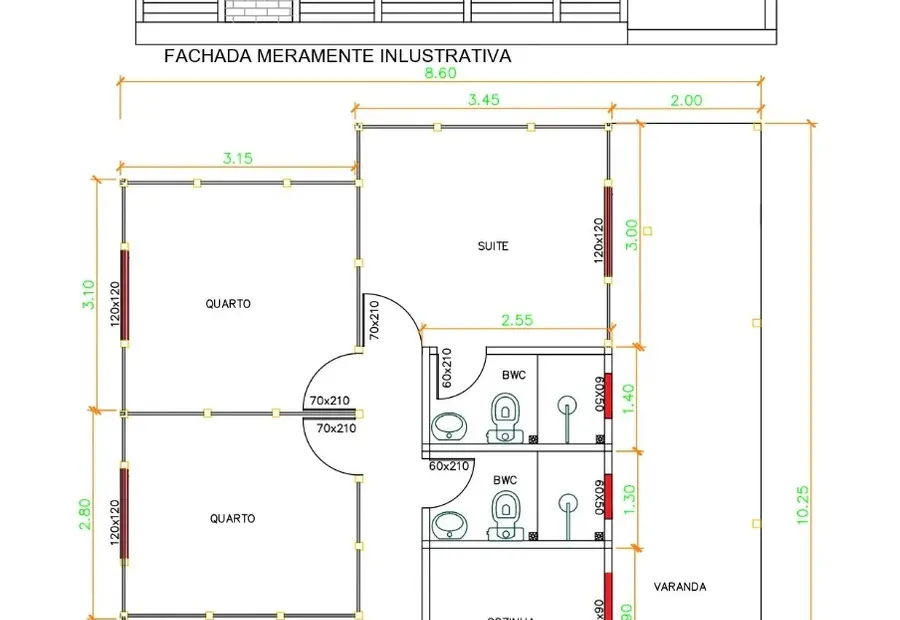 Planta: Casa 90,00m² com 1 Suíte e 2 Quartos