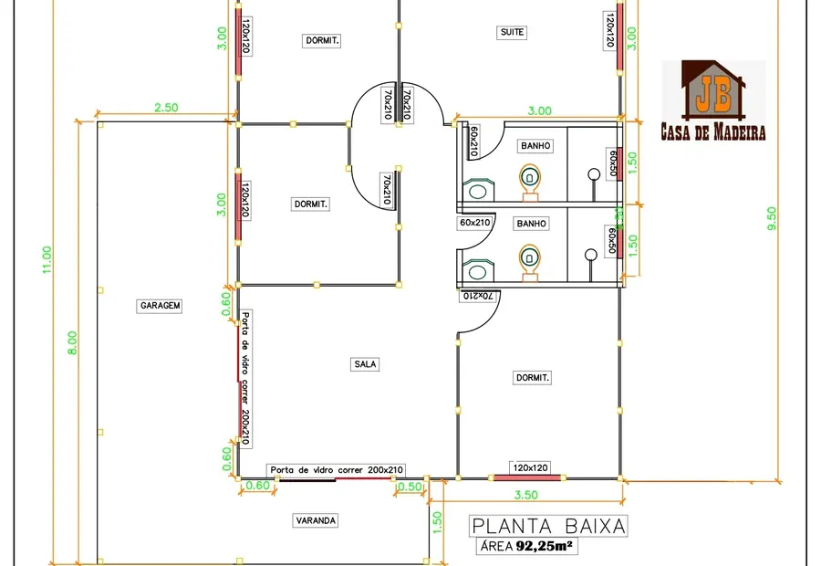Planta: Casa 92,25m² com 1 suíte, 3 quartos, garagem e varanda