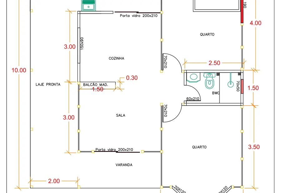 Planta: Casa 92,00m² com 2 quartos e 2 varandas