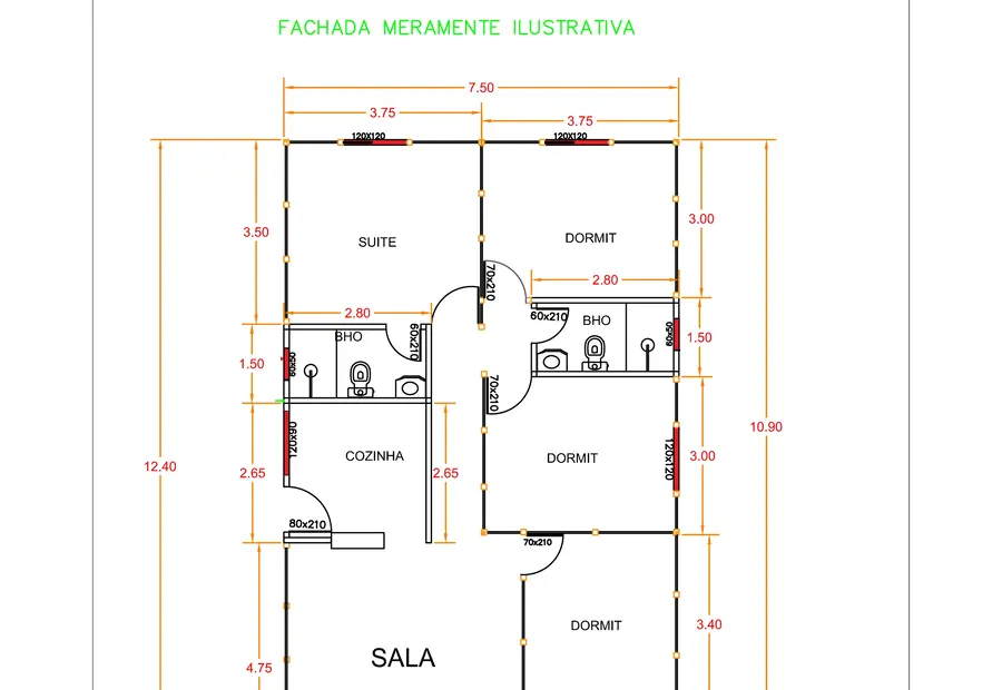 Planta: Casa 93,00m² com 1 suíte, 3 quartos e pergolado