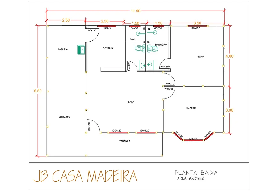 Planta: Casa 93,31m² com 1 suíte, 1 quarto, garagem e varanda