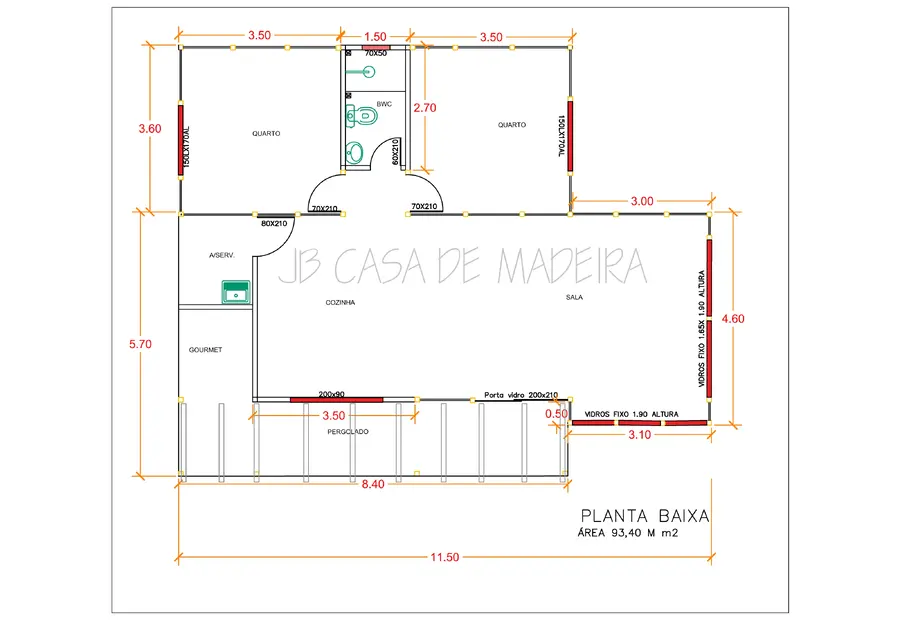 Planta: Casa 93,40m² com 2 quartos, área gourmet e pergolado