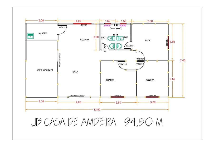 Planta: Casa 94,50m² com 1 suíte, 2 quartos e área gourmet