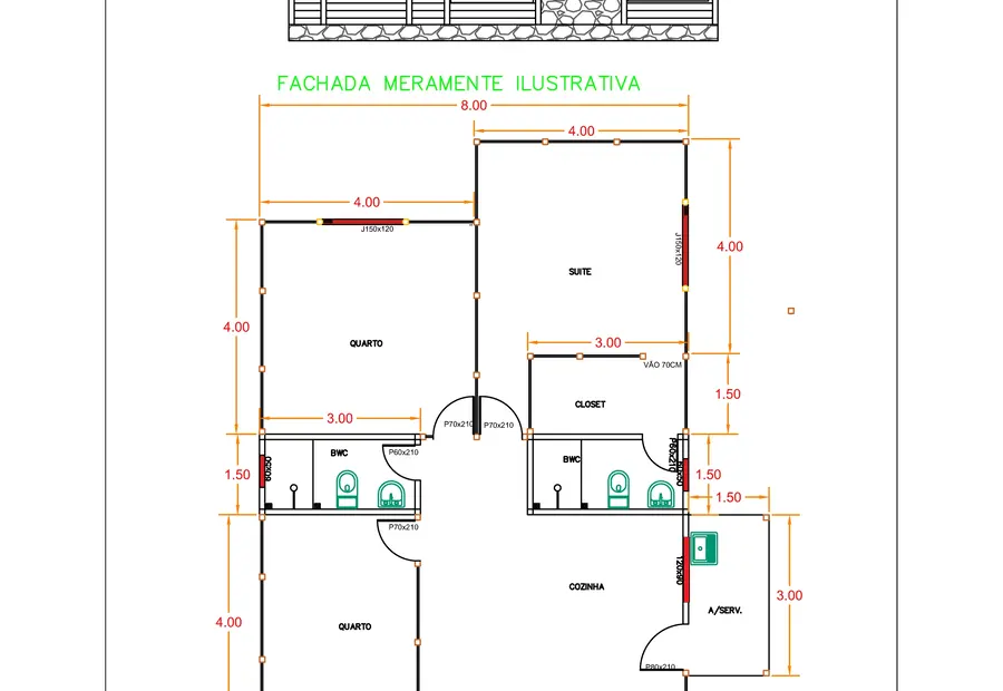 Planta: Casa 94,50m² com 1 suíte, 2 quartos, closet e pergolado