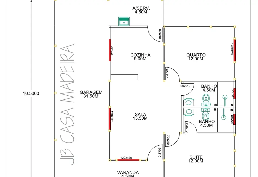 Planta: Casa 99,00m² com 1 suíte, 1 quarto, garagem e varanda