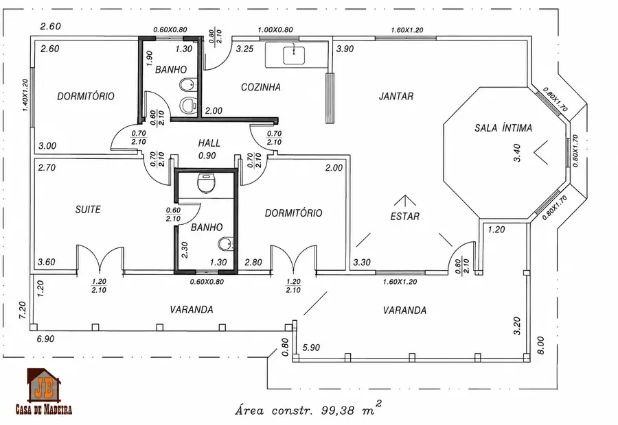Planta: Casa 99,38m² com 1 suíte, 2 quartos e 2 varandas
