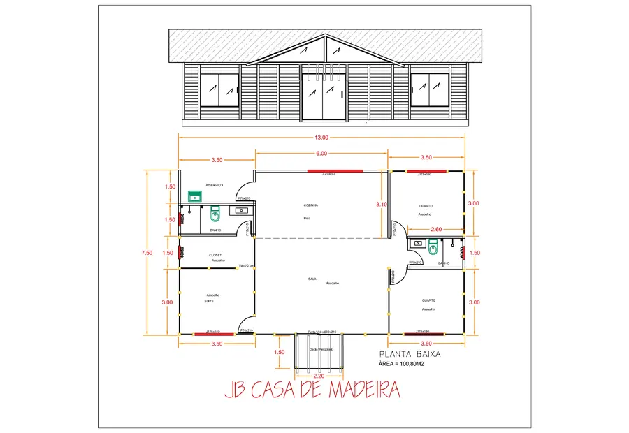 Planta: Casa 100,80m² com 1 suíte, 2 quartos, closet e deck pergolado