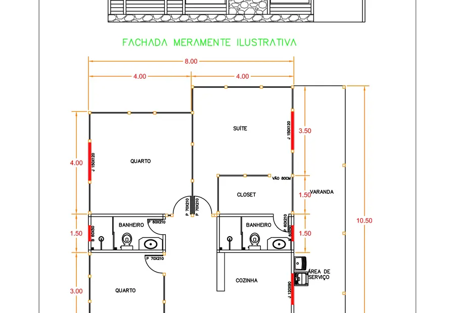 Planta: Casa 101,00m² com 1 suíte, 2 quartos, closet e varanda