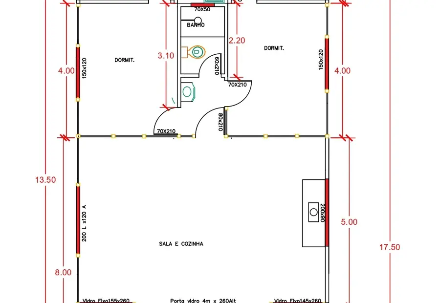 Planta: Casa 101,25m² com 2 suítes, banheiro social e varanda