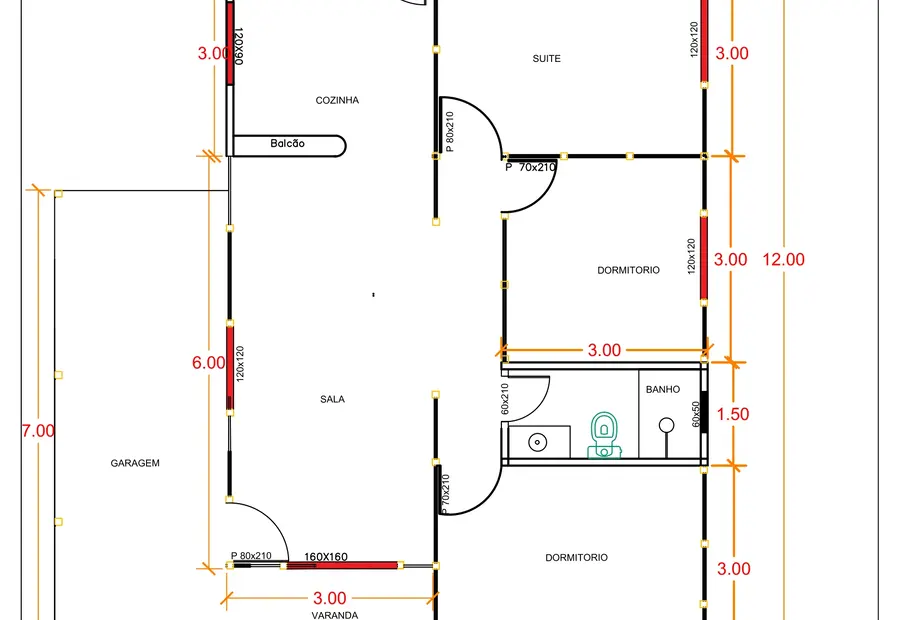 Planta: Casa 101,50m² com 2 quartos, 1 suíte, varanda e garagem