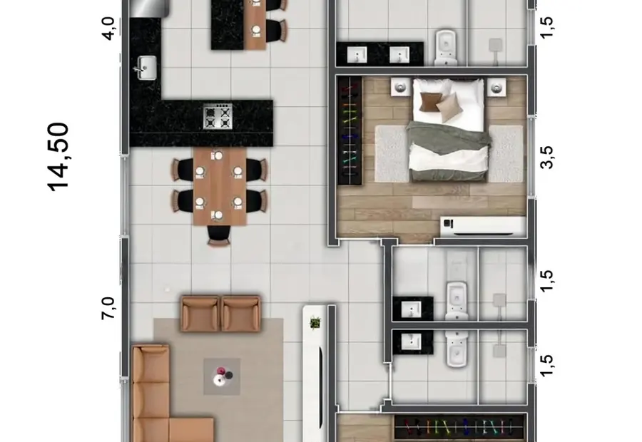 Planta: Casa 101,50m² com 3 quartos, 2 suítes, closet e varanda