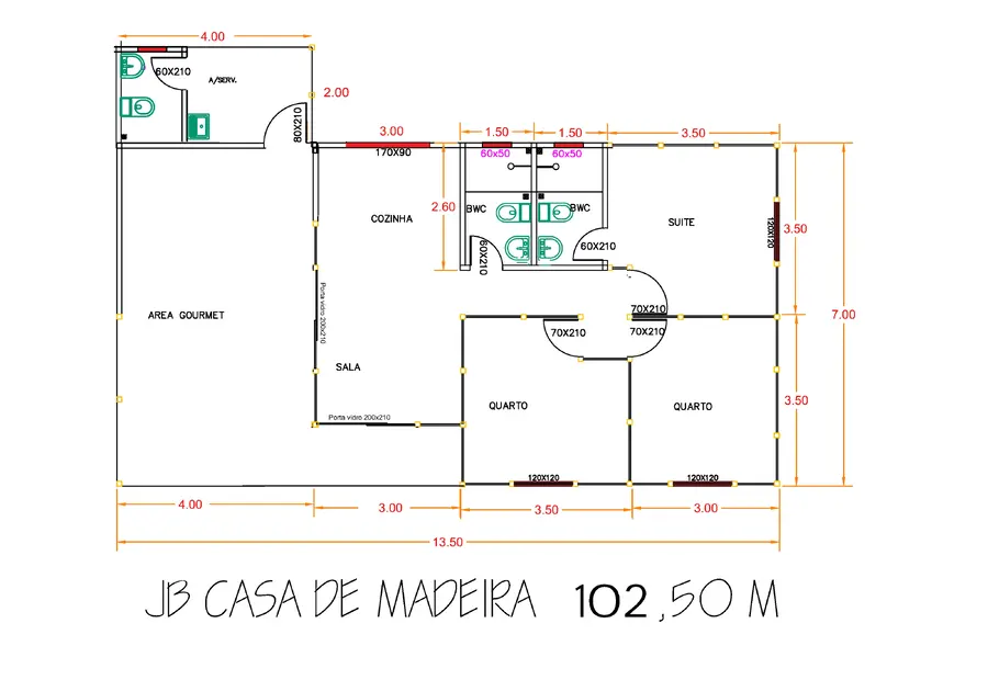 Planta: Casa 102,50m² com 2 quartos, 1 suíte, lavabo e área gourmet