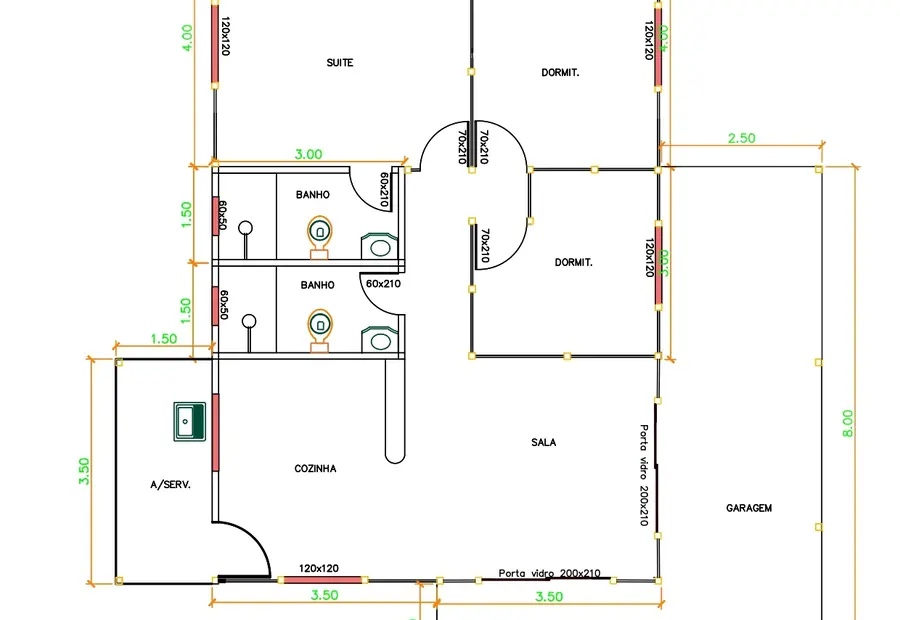 Planta: Casa 104,00m² com 1 suíte, 2 quartos, garagem e varanda