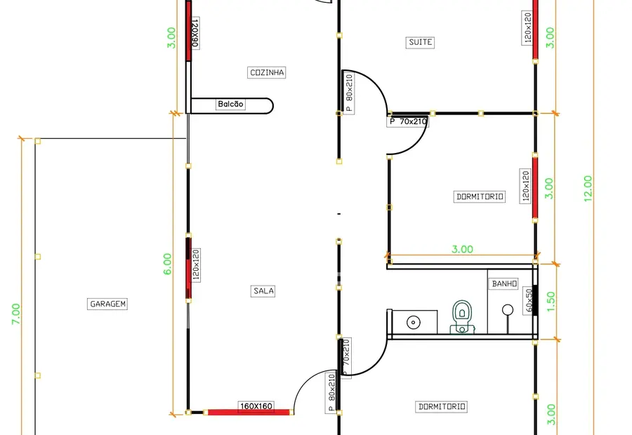 Planta: Casa 105,00m² com 1 suíte, 2 quartos, garagem e varanda