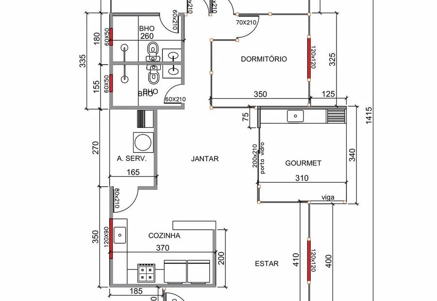 Planta: Casa 105,00m² com 1 suíte, 2 quartos e área gourmet