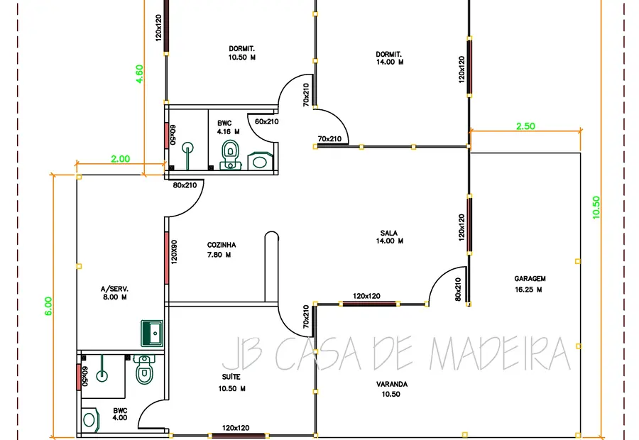 Planta: Casa 106,00m² com 1 suíte, 2 quartos, garagem e varanda