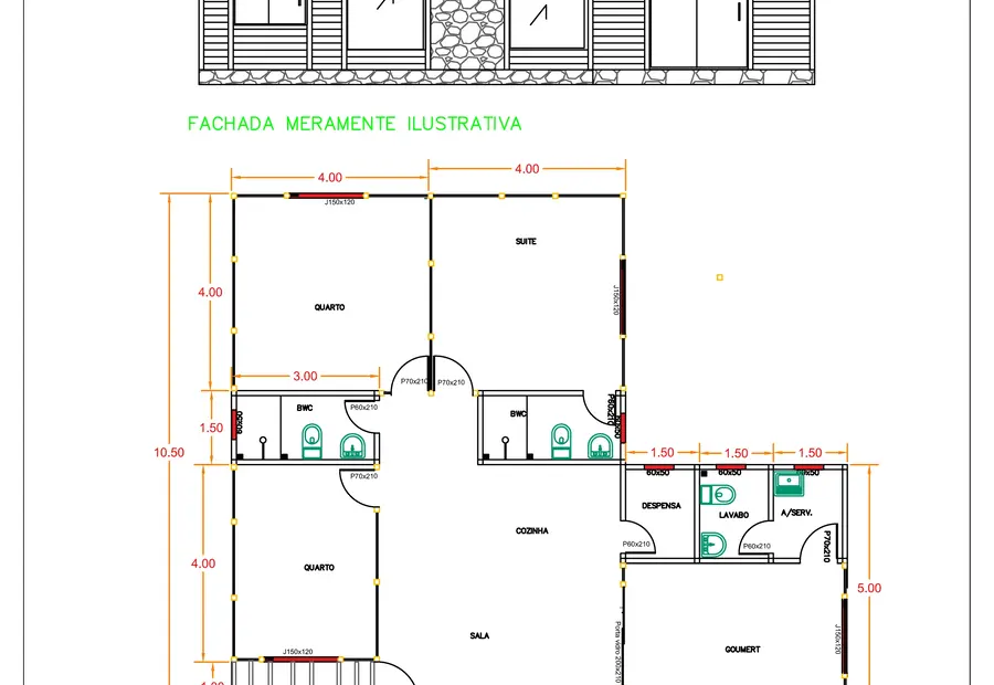 Planta: Casa 106,50m² com 1 suíte, 2 quartos, lavabo e área gourmet