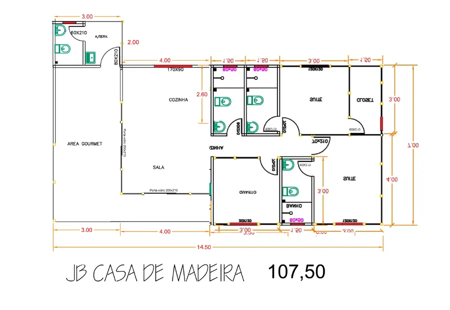 Planta: Casa 107,50m² com 2 suítes, 1 quarto e área gourmet
