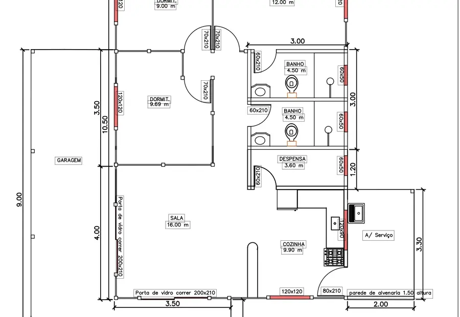 Planta: Casa 107,85m² com 2 quartos, 1 suíte, varanda e garagem