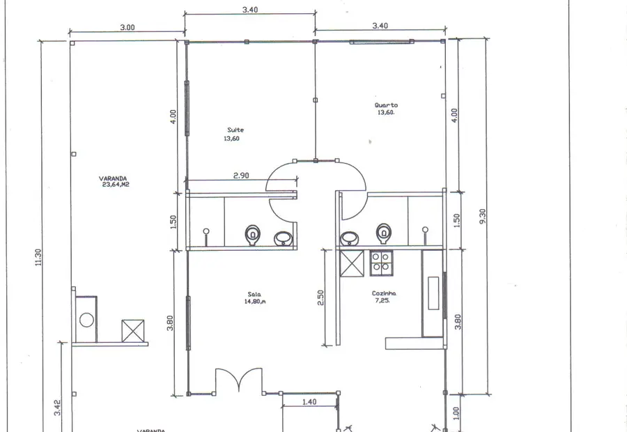 Planta: Casa 107,90m² com 1 suíte, 1 quarto e 2 varandas