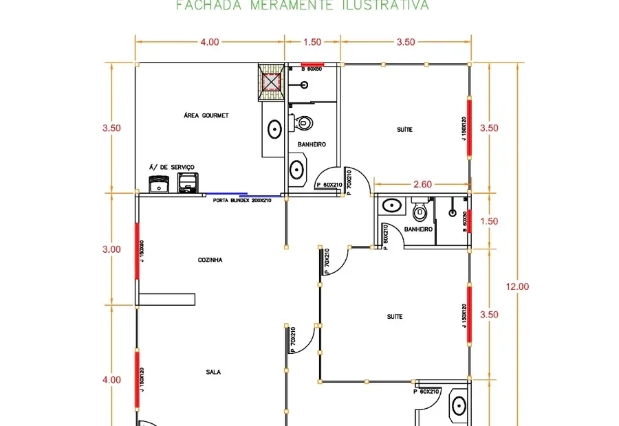 Planta: Casa 108,00m² com 3 suítes, área gourmet e varanda