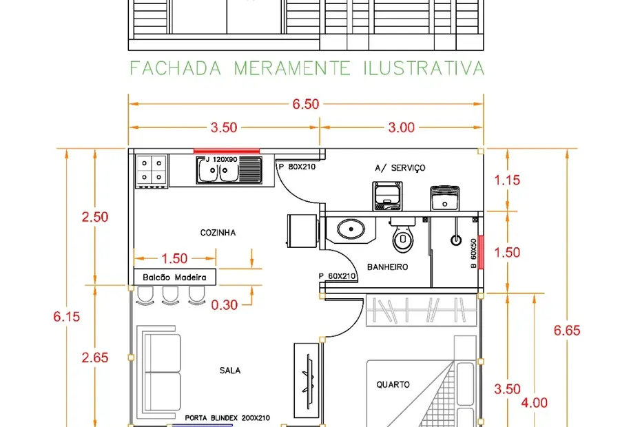 Planta: Casa 42,00m² com 1 quarto, varanda e área de serviço