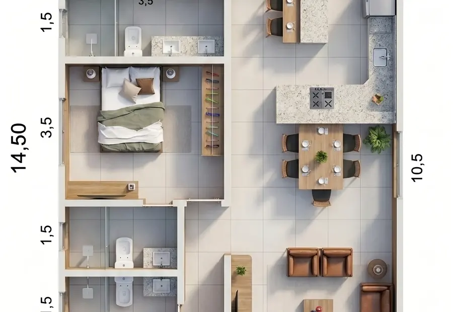Planta: Casa 108,75m² com 2 suítes e 1 quarto