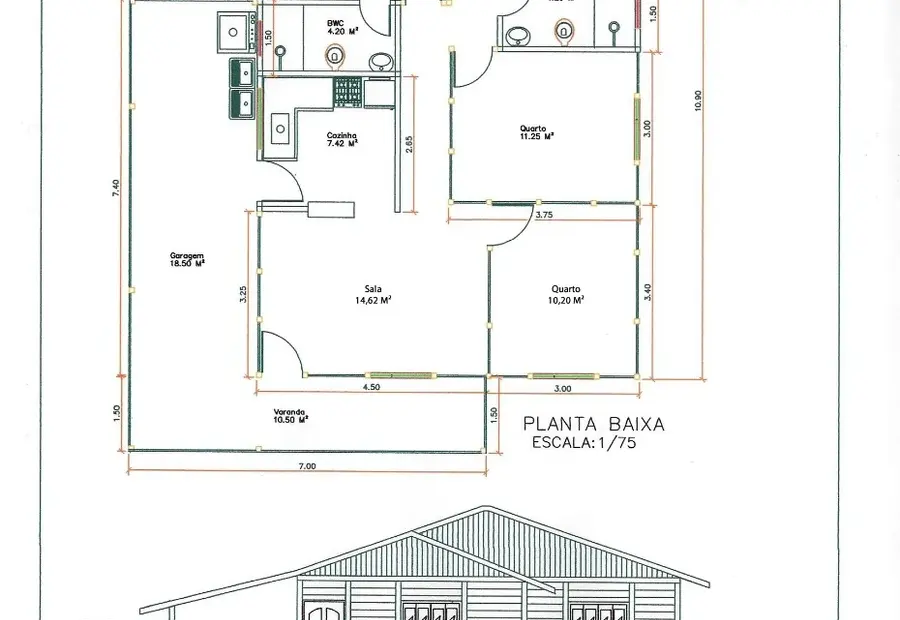 Planta: Casa 110,75m² com 1 suíte e 3 quartos