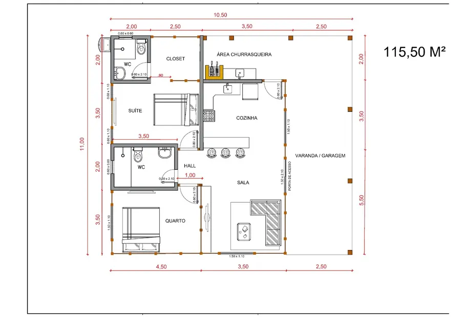 Planta: Casa 115,50m² com 1 suíte e 1 quarto