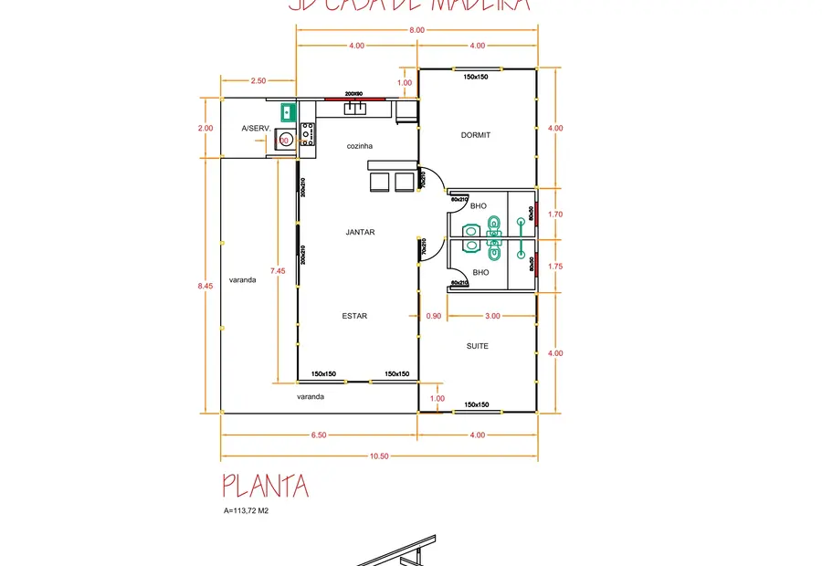 Planta: Casa 113,72m² com 1 suíte e 1 quarto