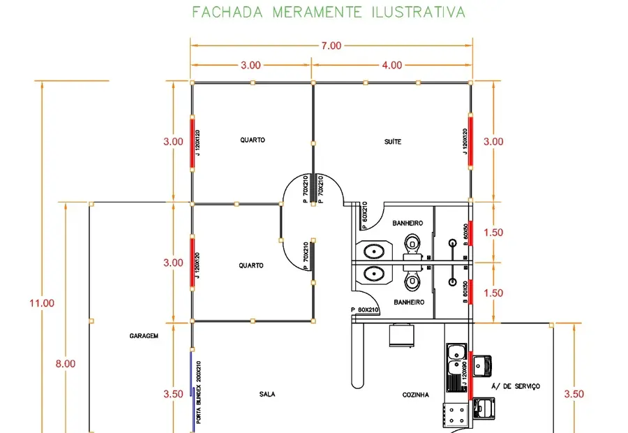 Planta: Casa 100,00m² com 1 suíte, 2 quartos, garagem e varanda