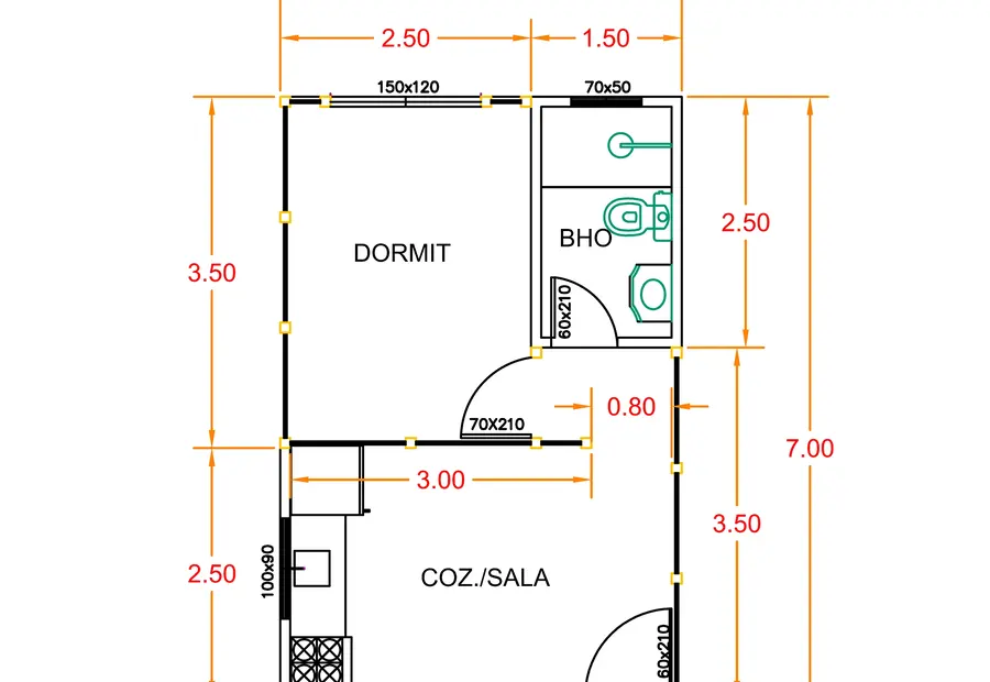 Planta: Casa 28,00m² com 1 quarto e varanda