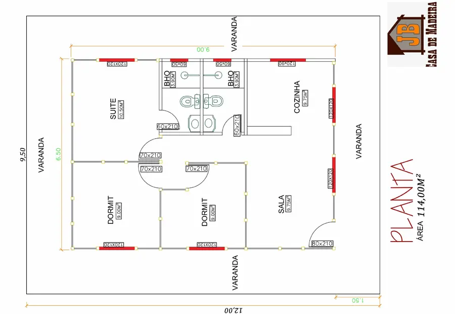 Planta: Casa 114,00m² com 1 suíte, 2 quartos e varanda em volta