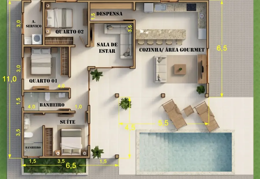 Planta: Casa 117,00m² com 1 suíte, 2 quartos e área gourmet