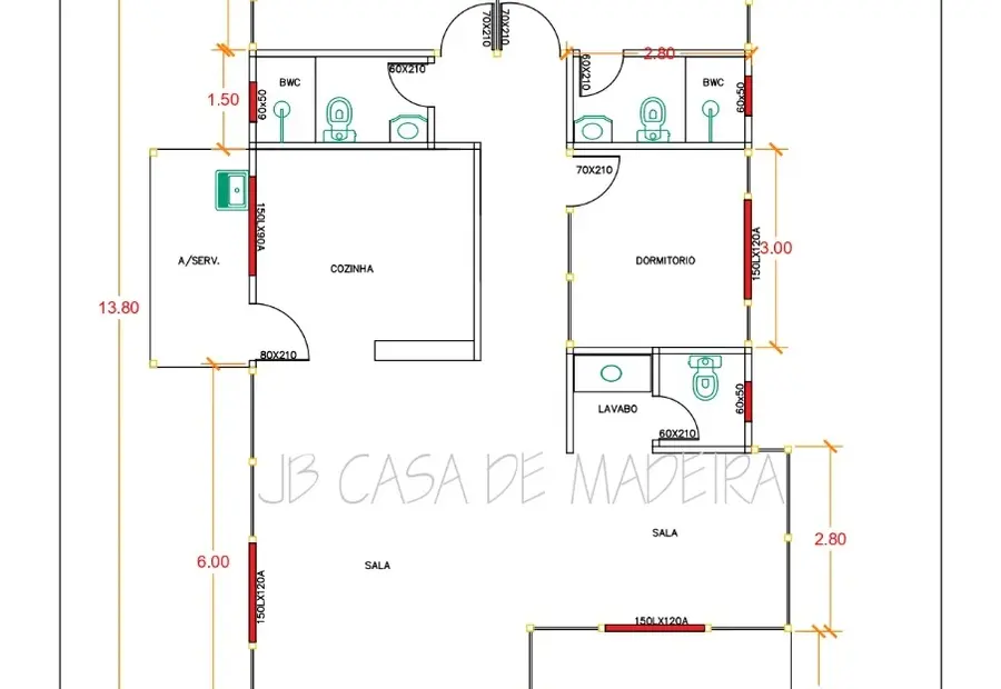 Planta: Casa 118,00m² com 1 suíte, 2 quartos, lavabo e varanda