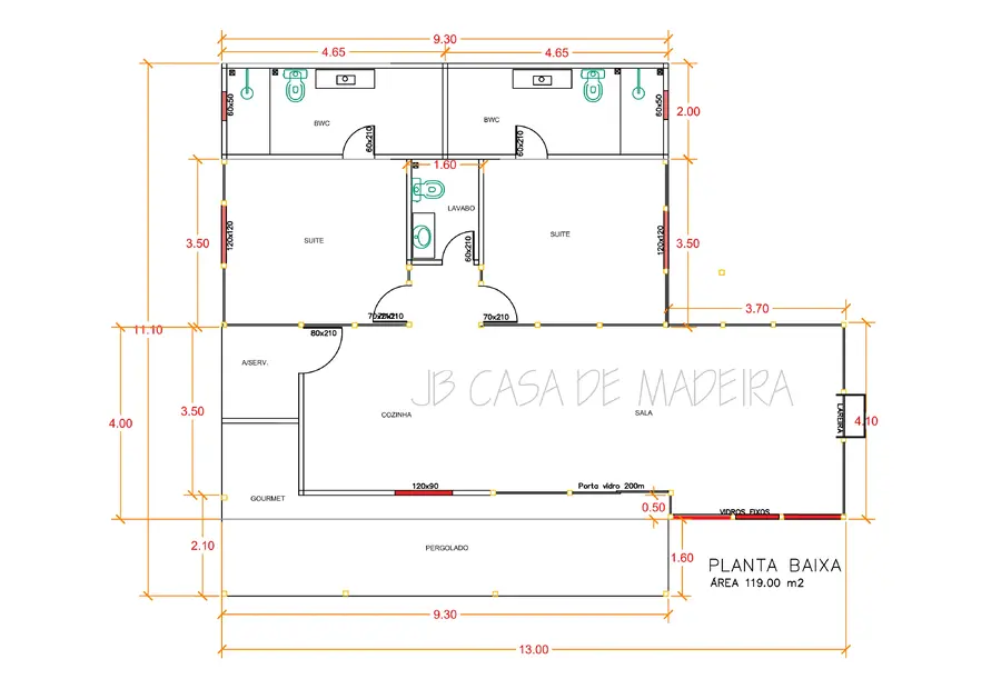 Planta: Casa 119,00m² com 2 suítes, lavabo, gourmet e pergolado