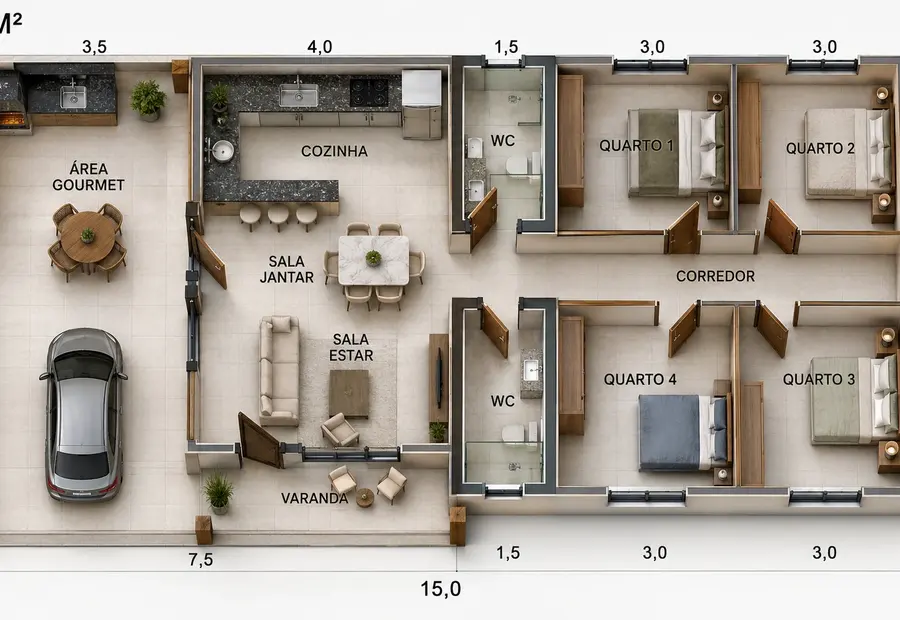 Planta: Casa 120,00m² com 4 quartos