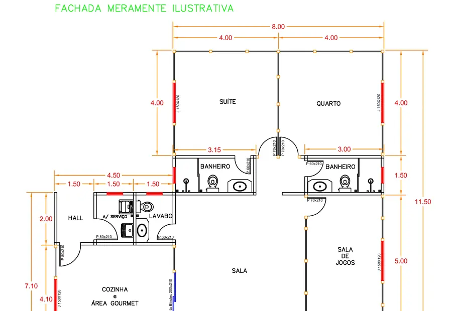 Planta: Casa 124,00m² com 1 suíte e 1 quarto