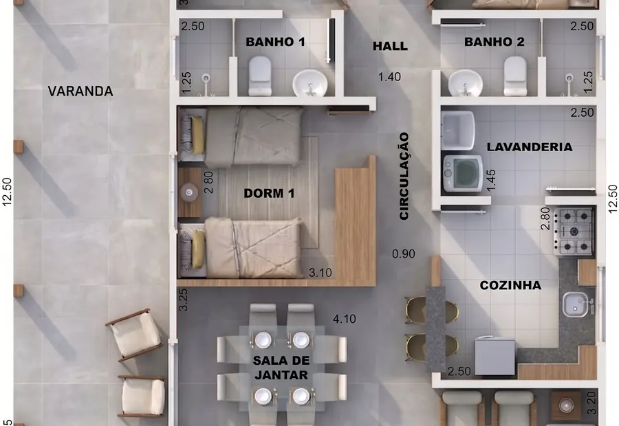 Planta: Casa 124,00m² com 1 suíte e 2 quartos