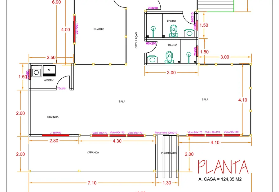 Planta: Casa 124,35m² com 1 suíte e 2 quartos