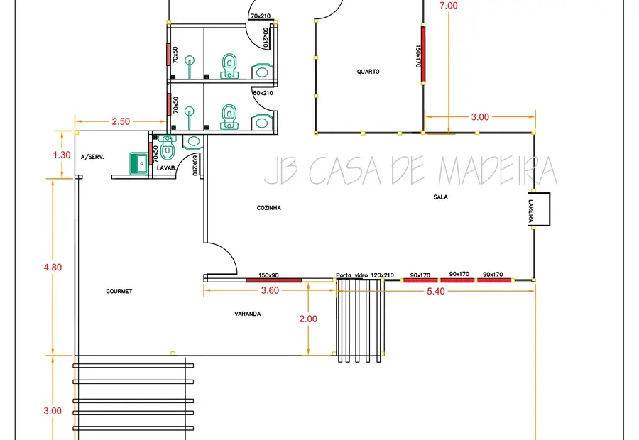 Planta: Casa 126,05m² com 1 suíte e 2 quartos