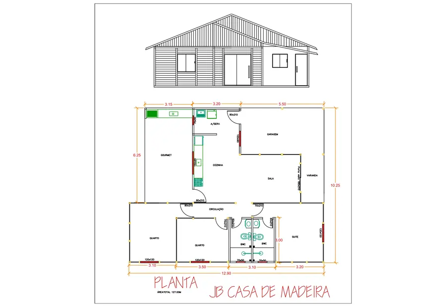 Planta: Casa 127,00m² com 1 suíte e 2 quartos