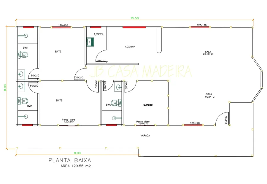 Planta: Casa 129,55m² com 2 suítes e 1 quarto