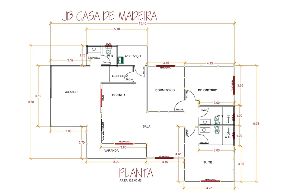 Planta: Casa 129,00m² com 1 suíte e 2 quartos